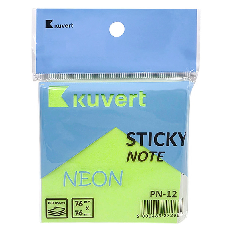 Стикер самоклеящийся 100 лист KUVERT Stiky 76*76мм, неон-зеленый, 100 листов