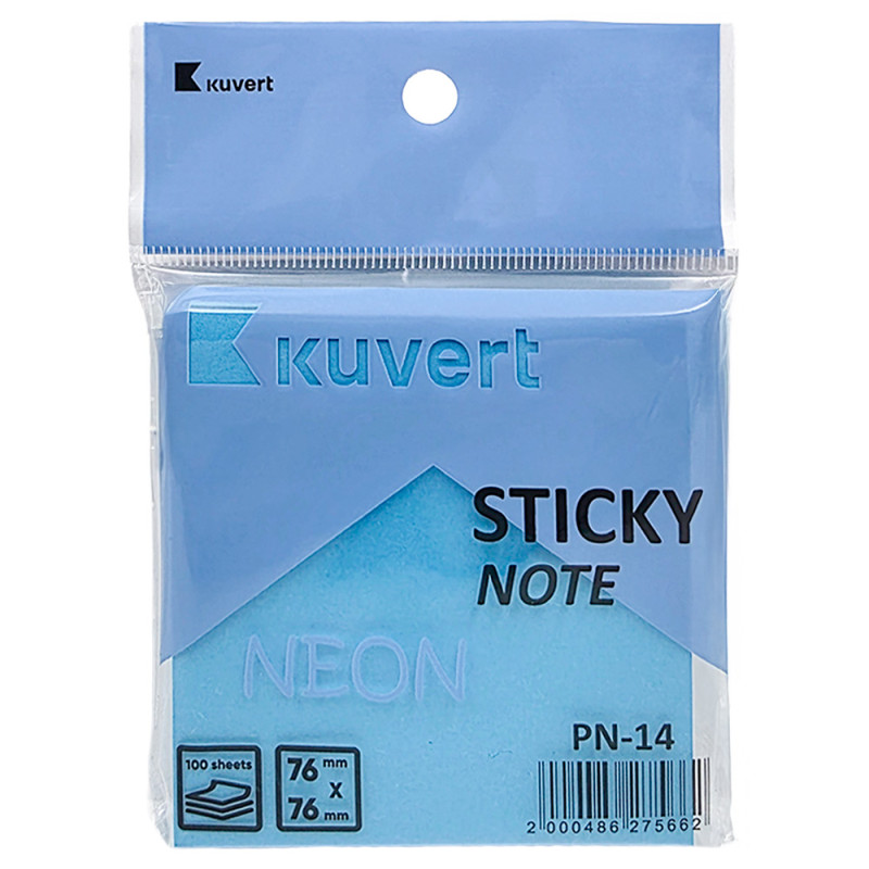 Стикер самоклеящийся 100 лист KUVERT Stiky 76*76мм, неон-синий, 100 листов