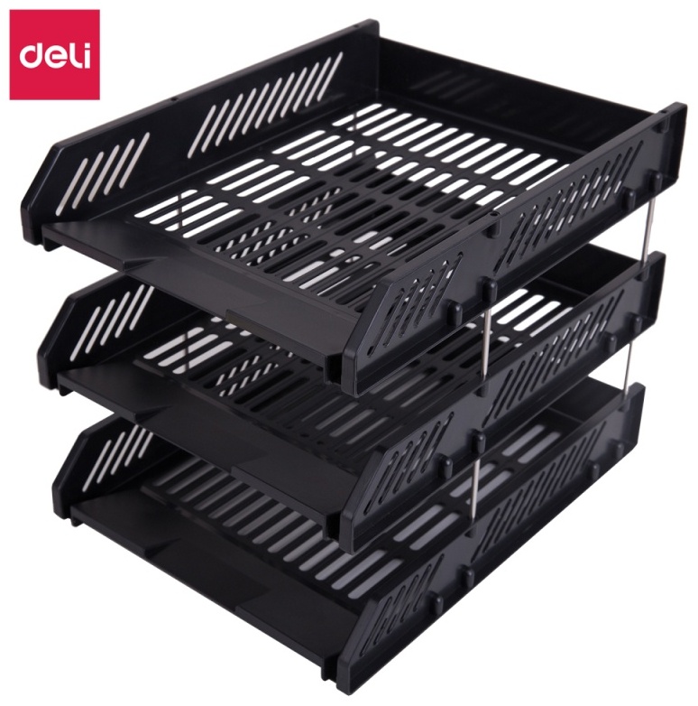 Лоток для бумаг горизонтальный DELI, 3-х рядный, пластик, черный 9209 на металлич.ножках