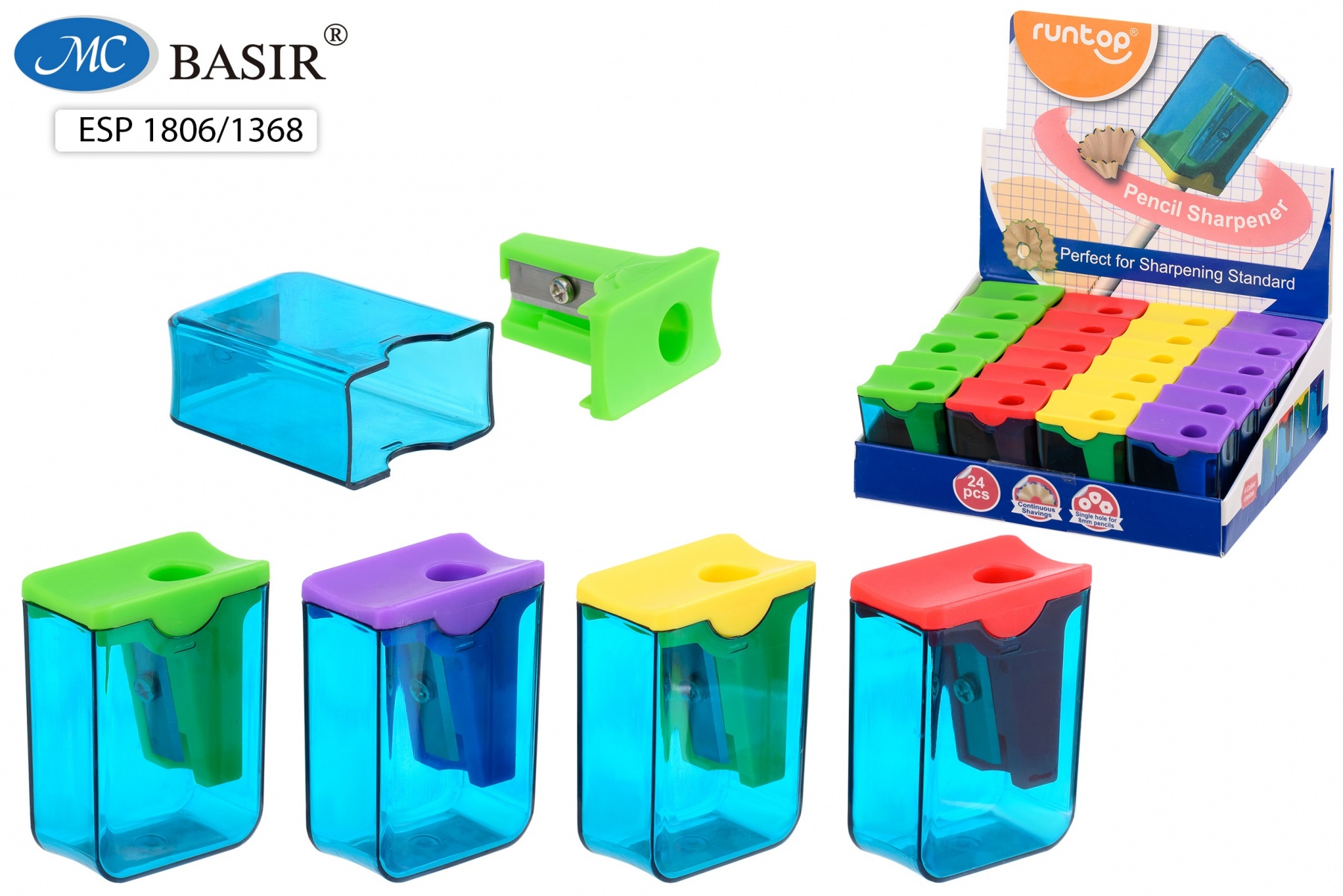 Точилка пластиковая  1 отверстие, контейнер, ассорти